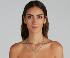 Rhinestone Cross Charm Layered Necklace