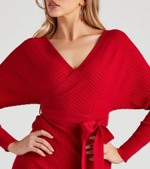 Ribbed Knit Tie-Front Mini Sweater Dress