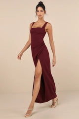Burgundy Glamorous Disposition Rust Ruched Maxi Dress