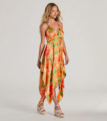 Paradise Bound Tropical Floral Satin Midi Dress
