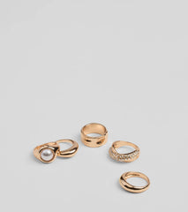 Stylish Stack Chunky Rhinestone And Pearl Ring Set