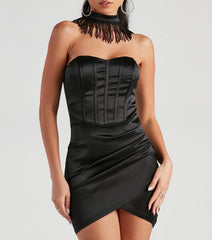 Marina Fringe Choker Neck Satin Mini Dress