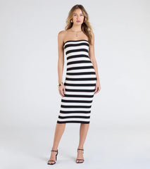 Chic Charm Striped Knit Strapless Midi Dress