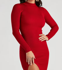 Basic Ribbed Knit High Slit Midi Dress