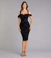 Chic Affair Flocked Floral Velvet Cold-Shoulder Midi Dress