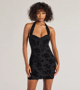 Heart Breaker Velvet Floral Pattern Halter Mini Dress