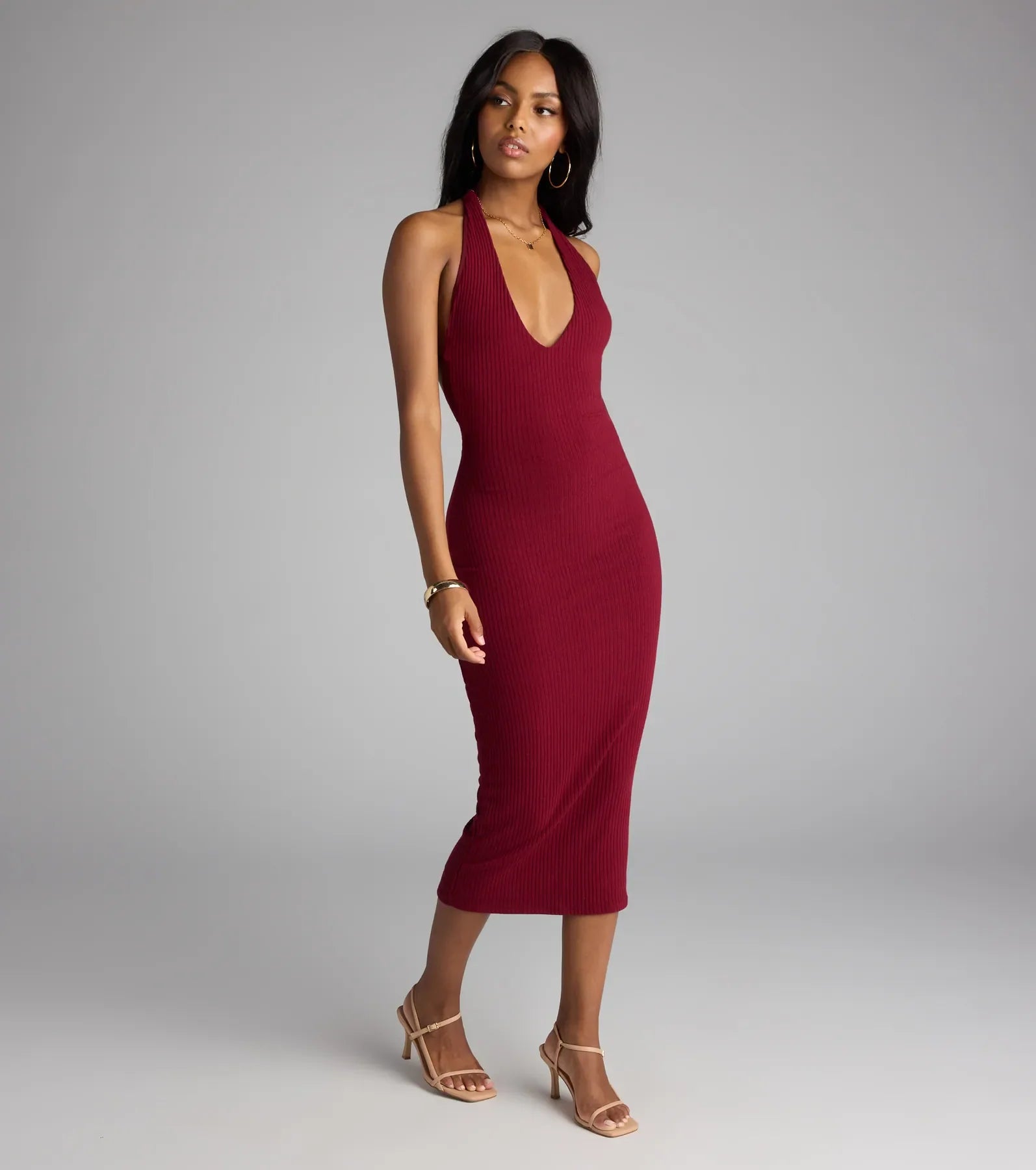 Chic Cutie Ribbed Knit Halter Midi Dress