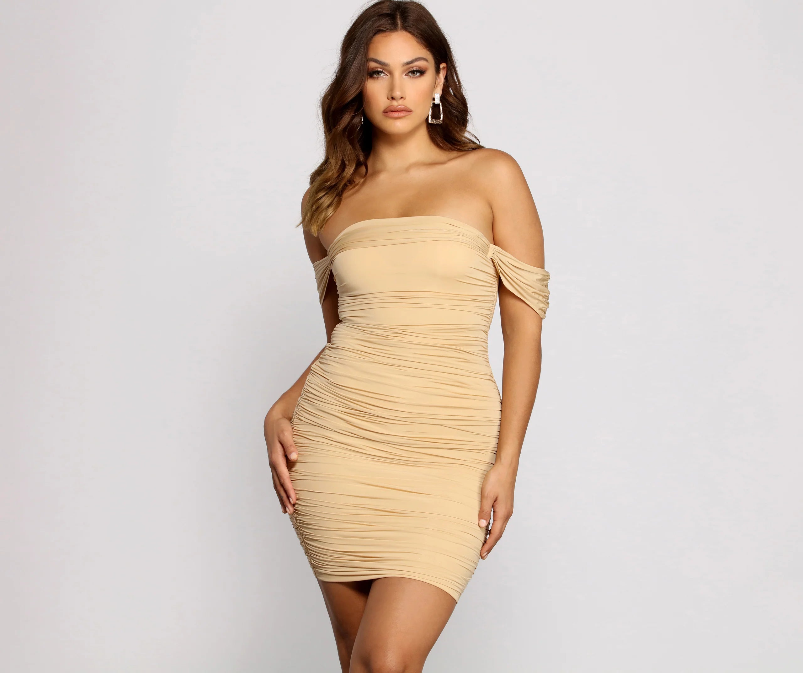 Sultry Appeal Ruched Off The Shoulder Mini Dress