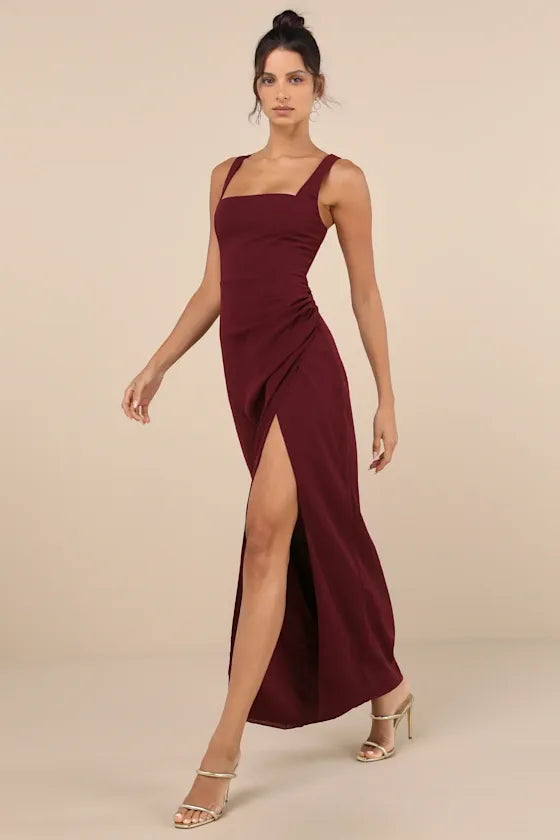 Burgundy Glamorous Disposition Rust Ruched Maxi Dress