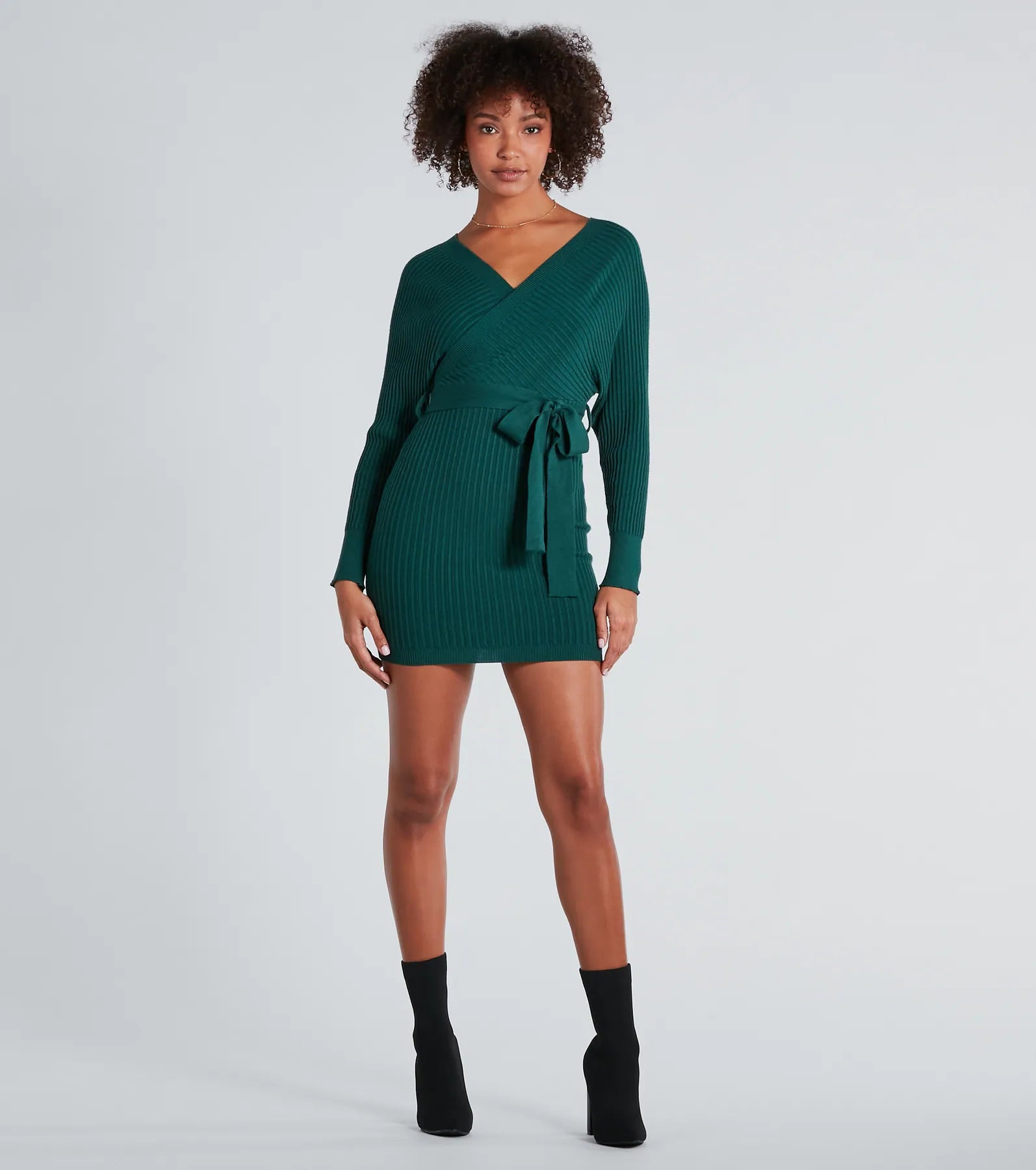 Ribbed Knit Tie-Front Mini Sweater Dress