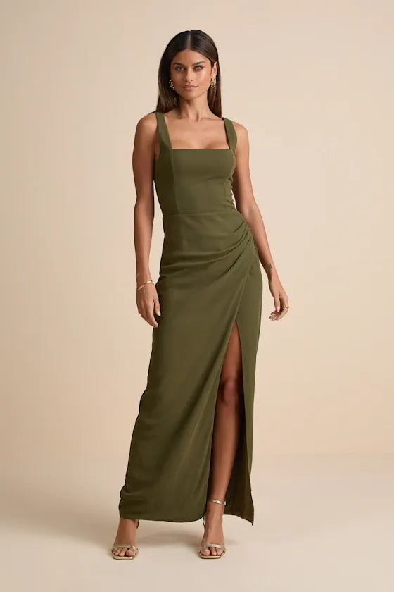 Olive Green Glamorous Disposition Rust Ruched Maxi Dress