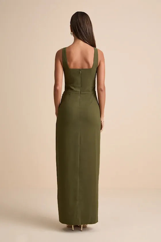 Olive Green Glamorous Disposition Rust Ruched Maxi Dress
