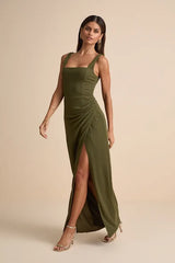 Olive Green Glamorous Disposition Rust Ruched Maxi Dress