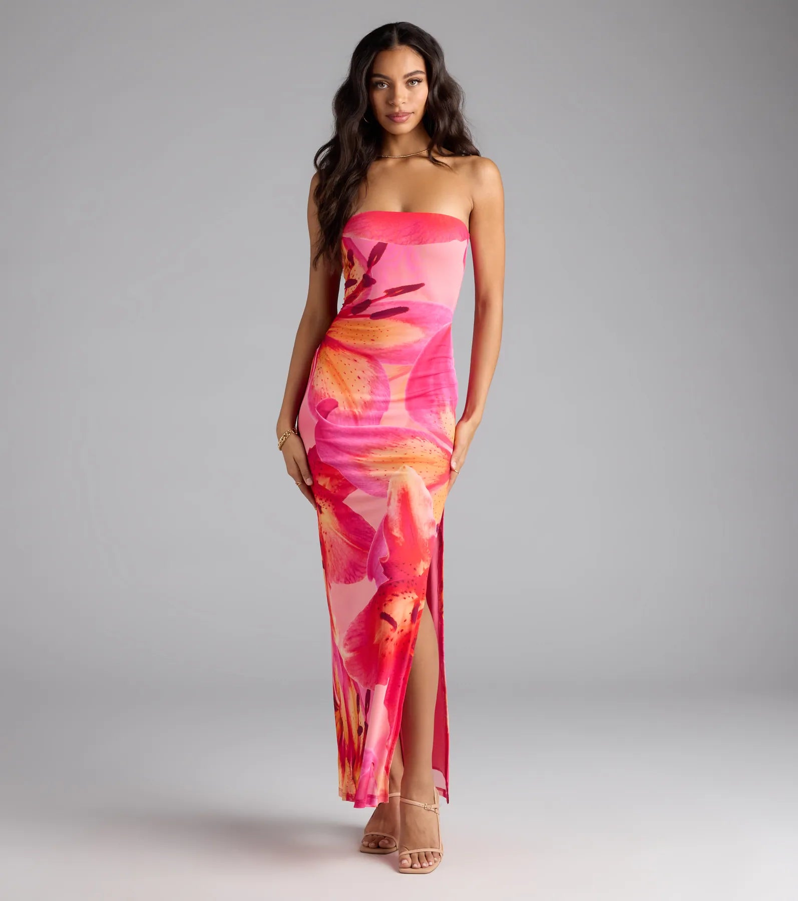 Island Time Tropical Floral Mesh Maxi Dress