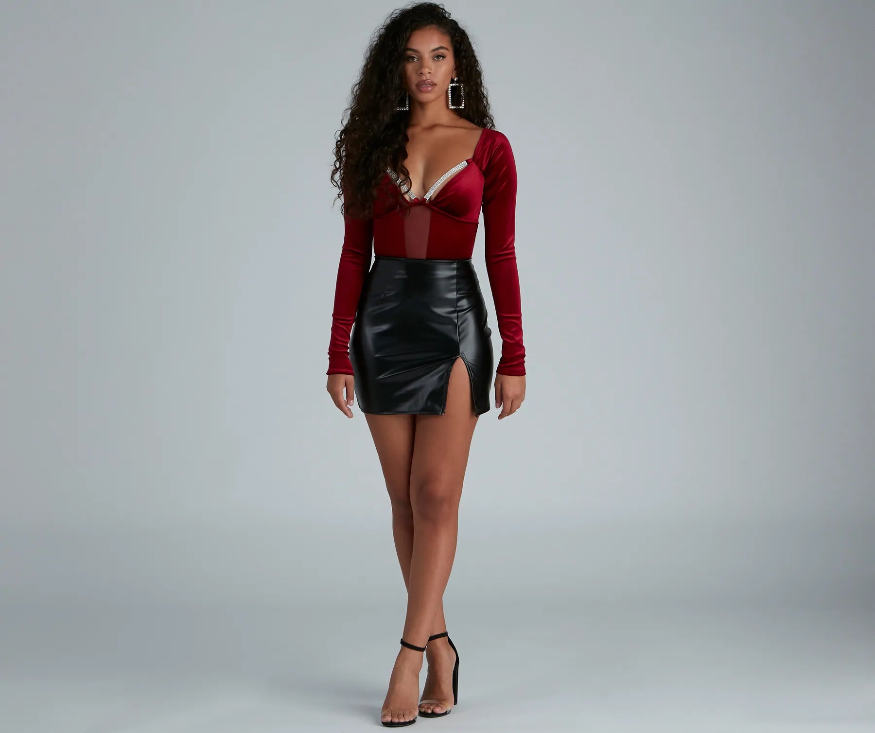 Holiday Shine Velvet Rhinestone Trim Bodysuit