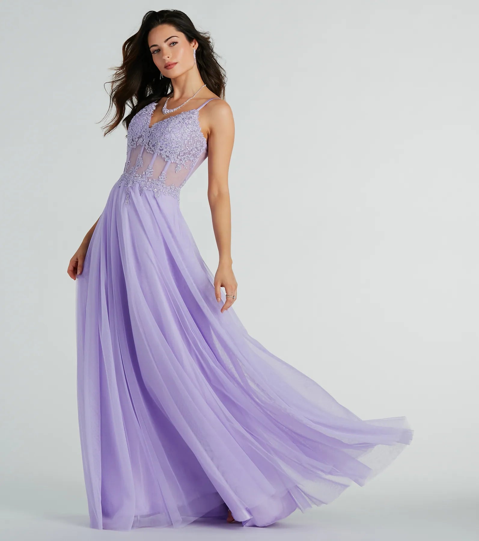 Jaci Rhinestone Embroidered Mesh Formal Dress