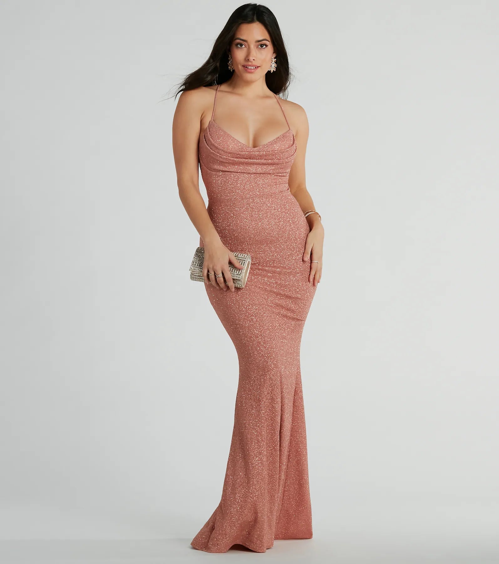 Chelsea Cowl Neck Lace-Up Mermaid Glitter Dress