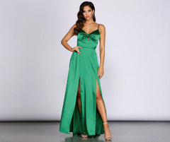 Anjolie Knot Front Satin Slit Dress