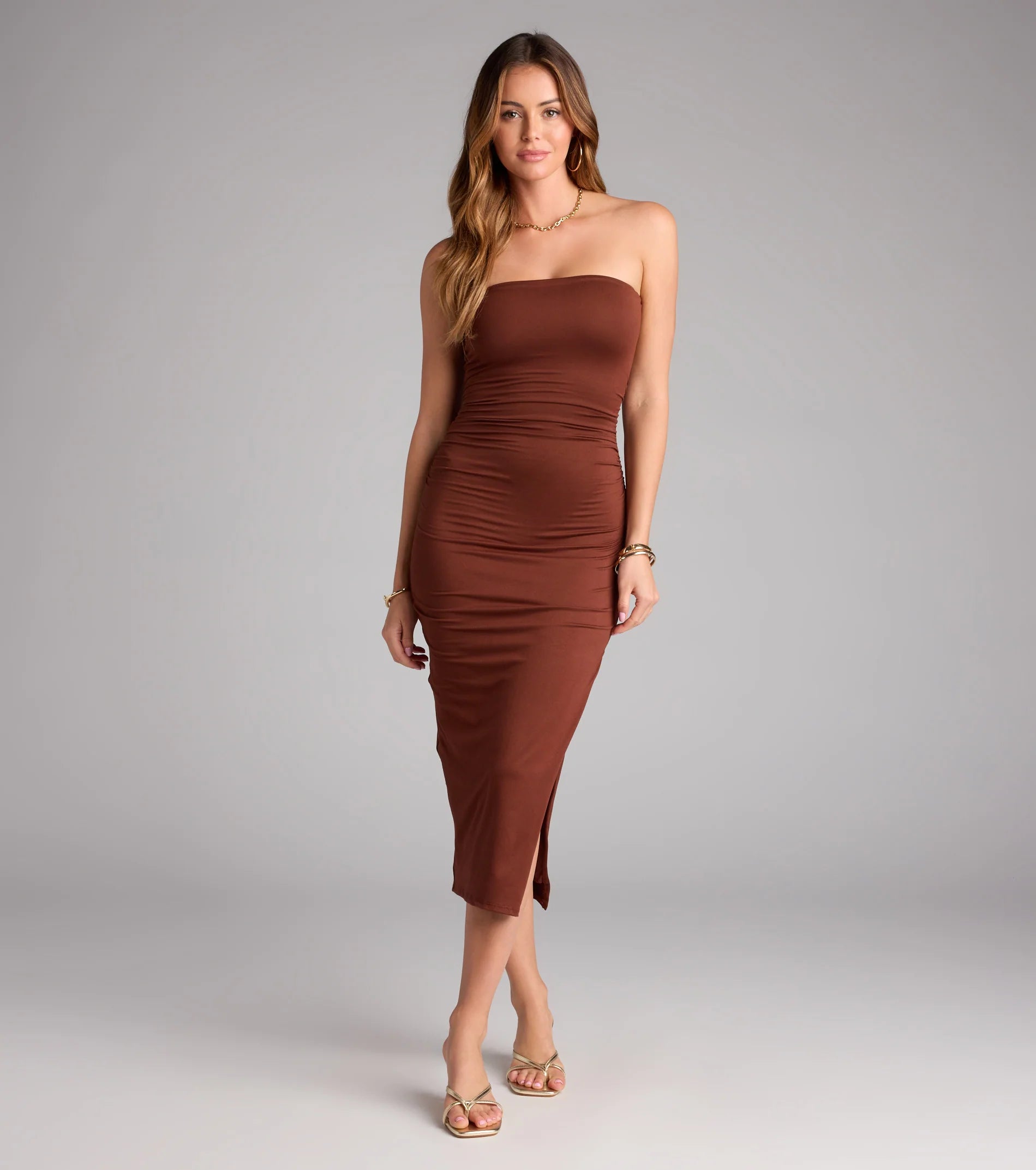 Casually Sultry Strapless Bodycon Midi Dress