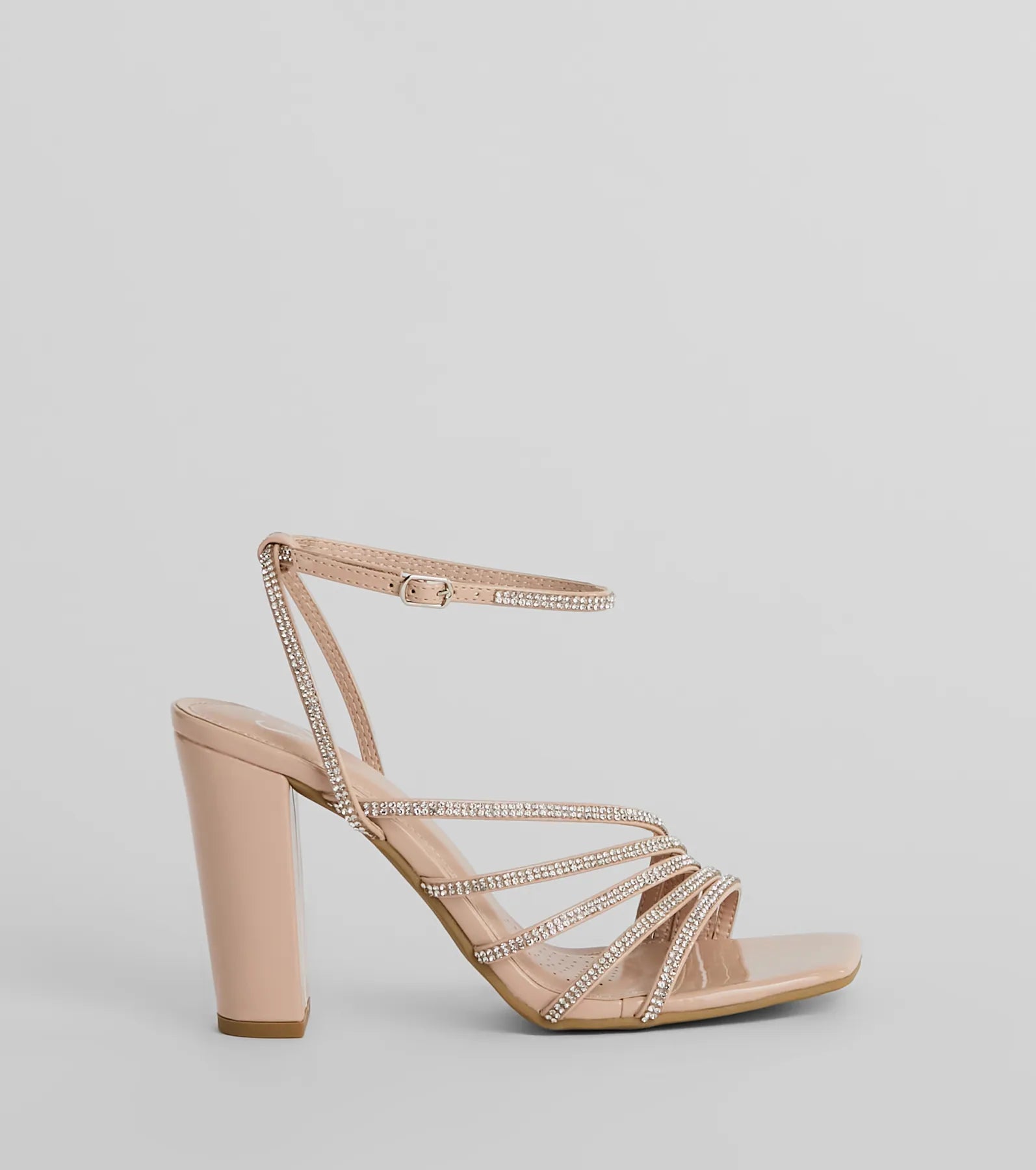 Ready To Party Rhinestone Strappy Metallic Block Heels