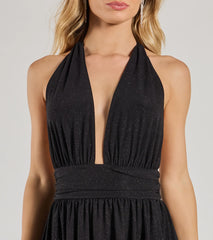 Sultry Sparkle Glitter Knit Plunging Halter Romper
