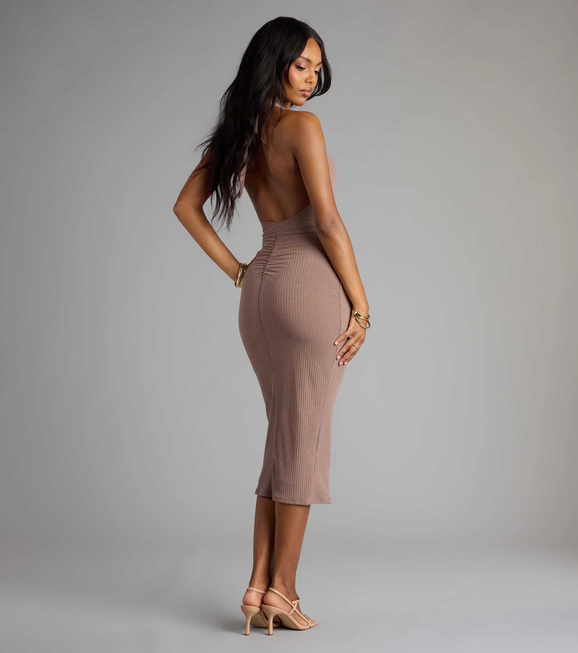 Chic Cutie Ribbed Knit Halter Midi Dress