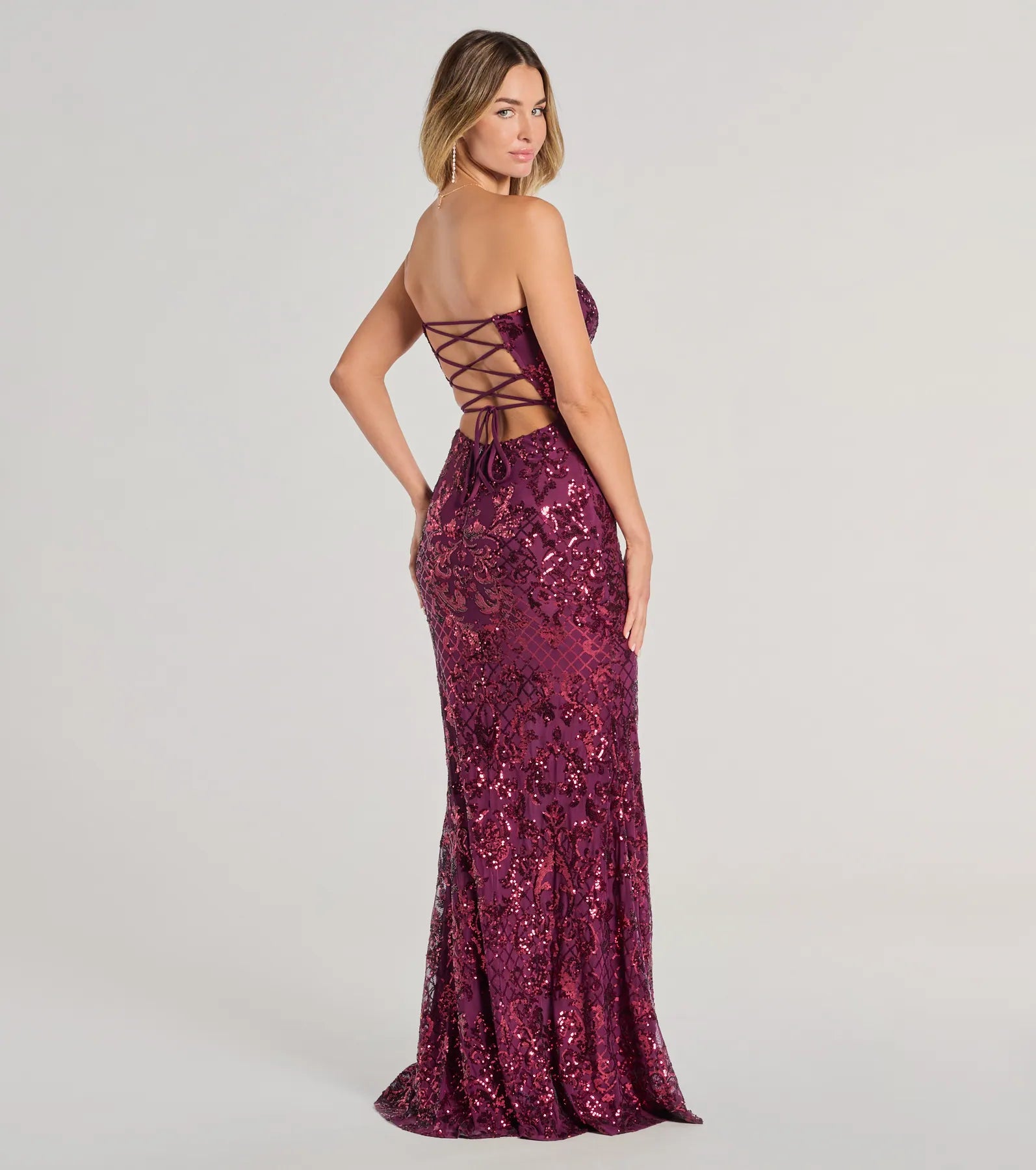 Chandler Strapless Lace-Up Sequin Formal Dress
