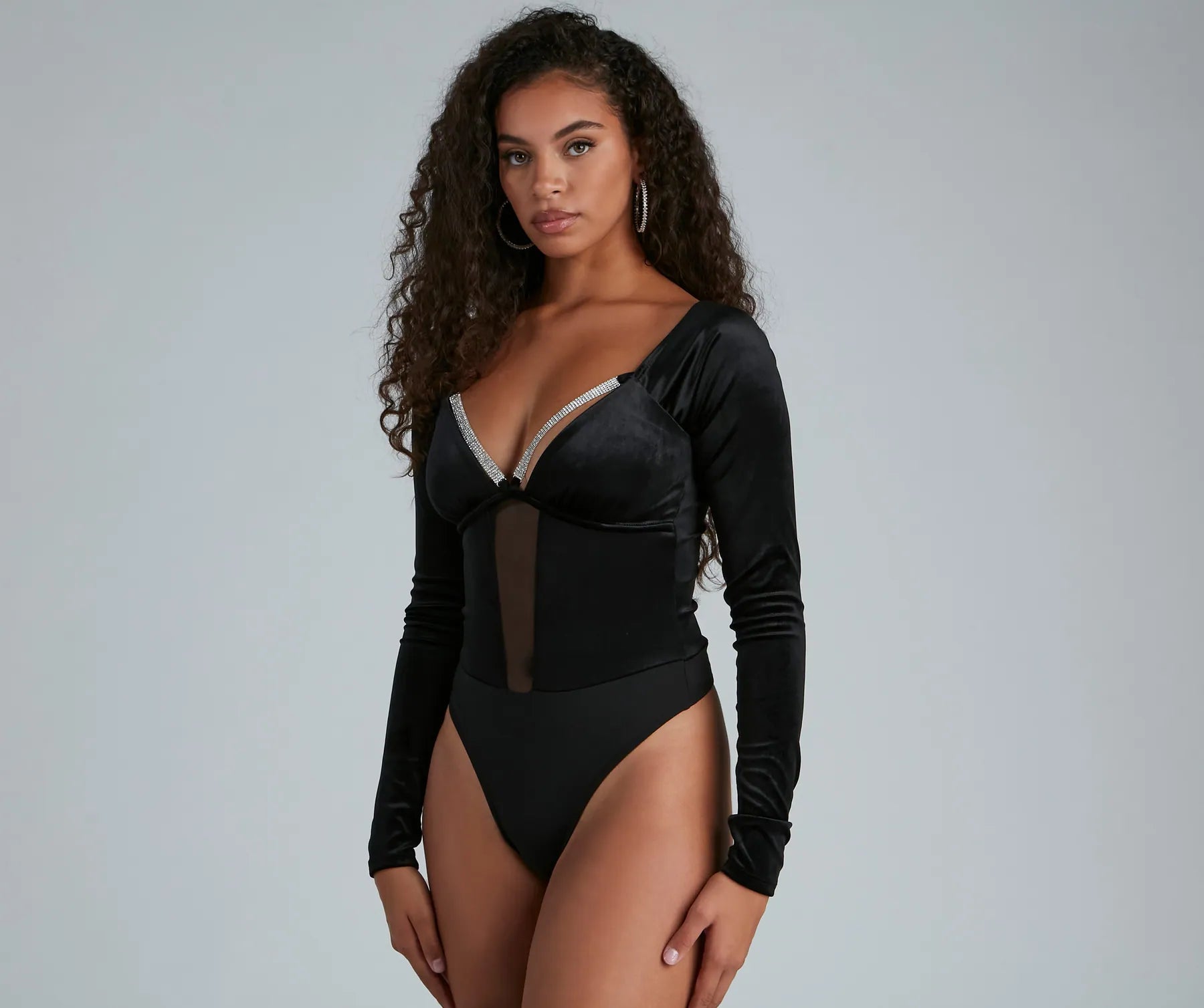 Holiday Shine Velvet Rhinestone Trim Bodysuit
