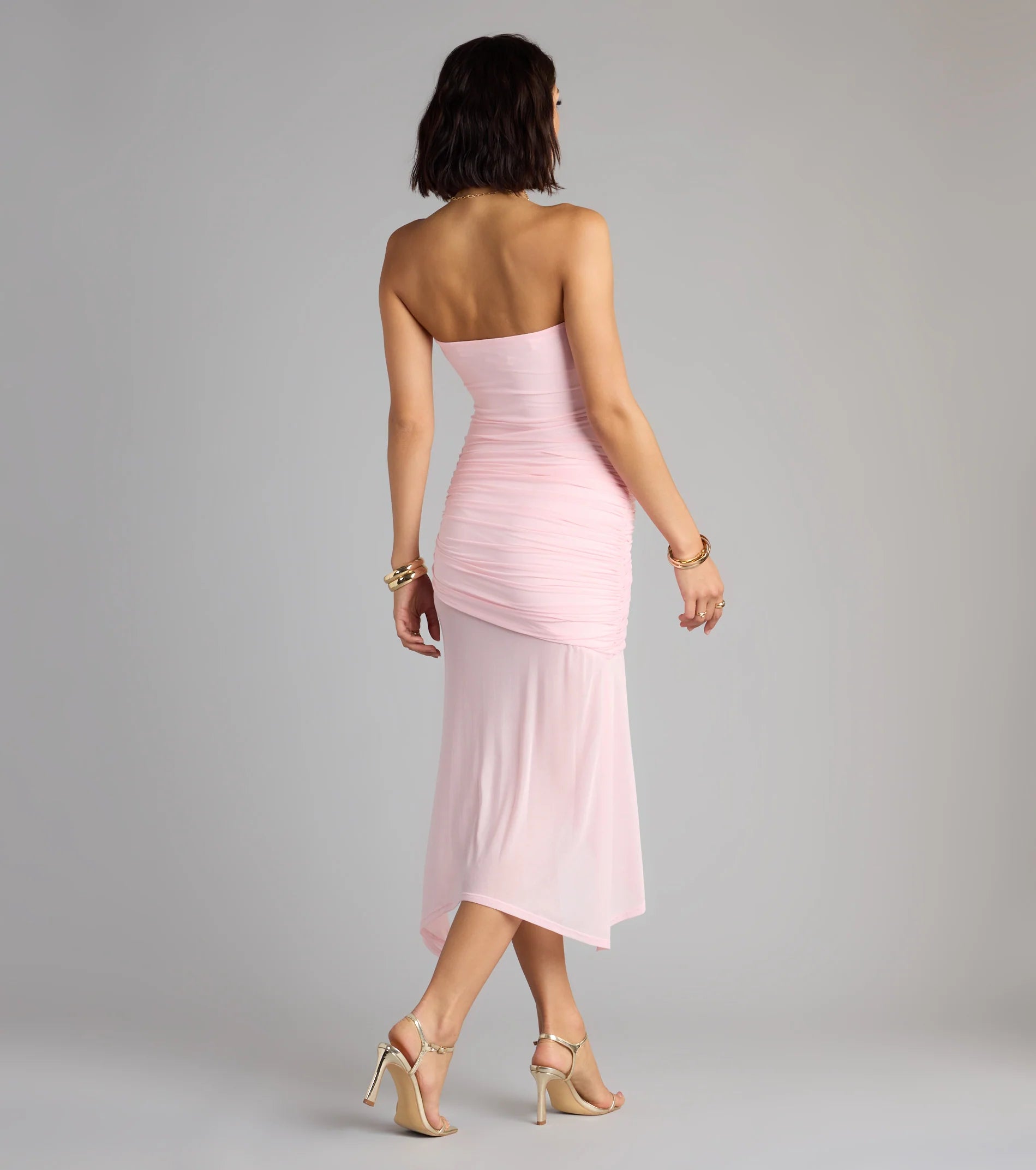 All Eyes On You Strapless Ruffle Midi Dress