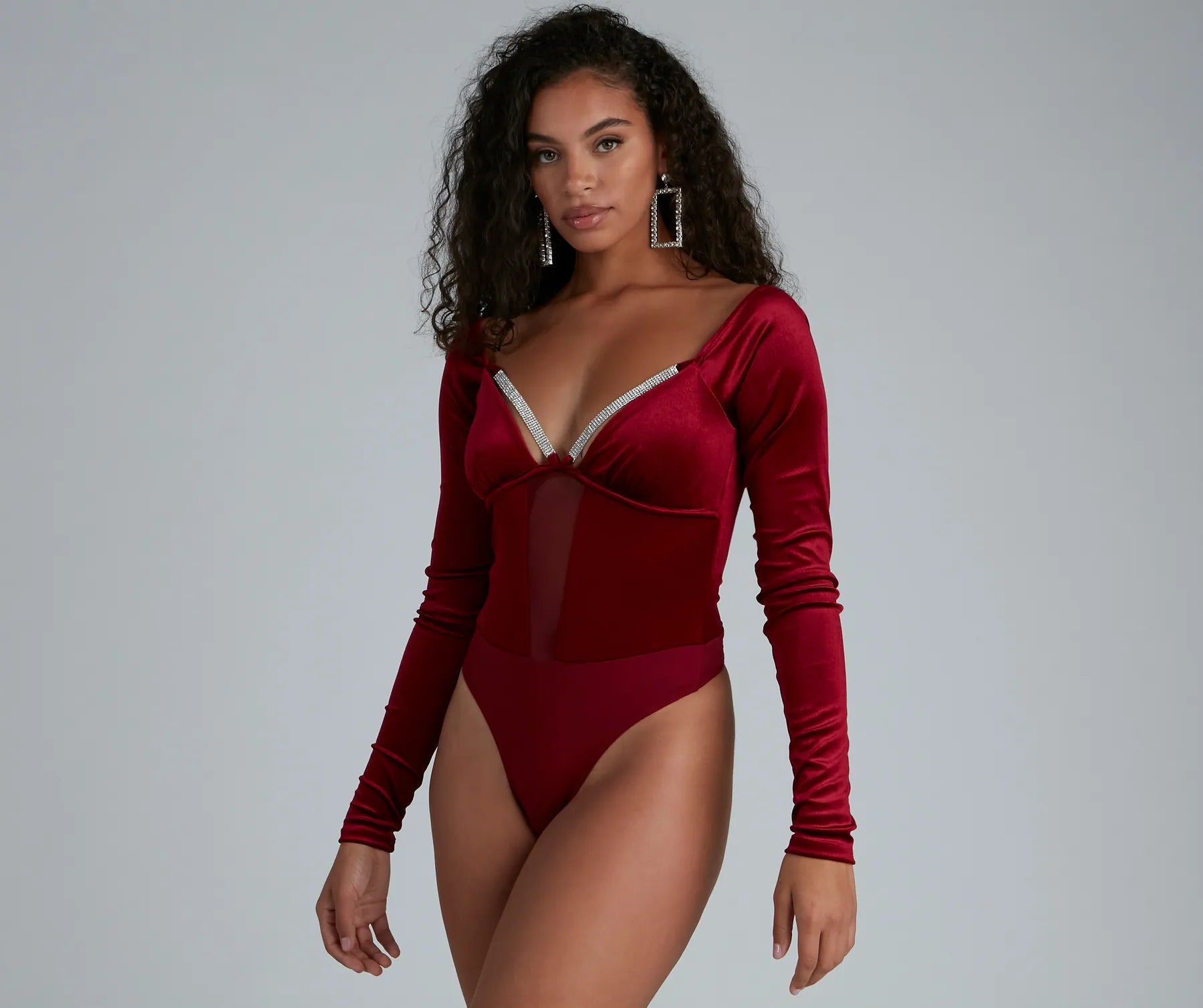 Holiday Shine Velvet Rhinestone Trim Bodysuit