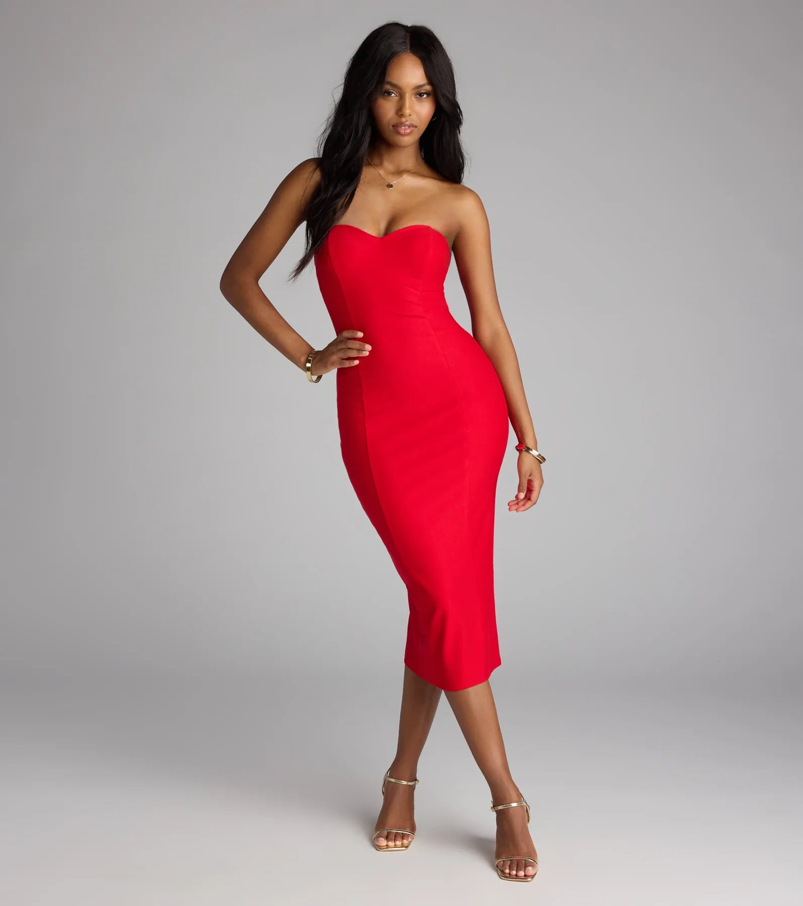 Serving Chic Vibes Strapless Bodycon Midi Dress