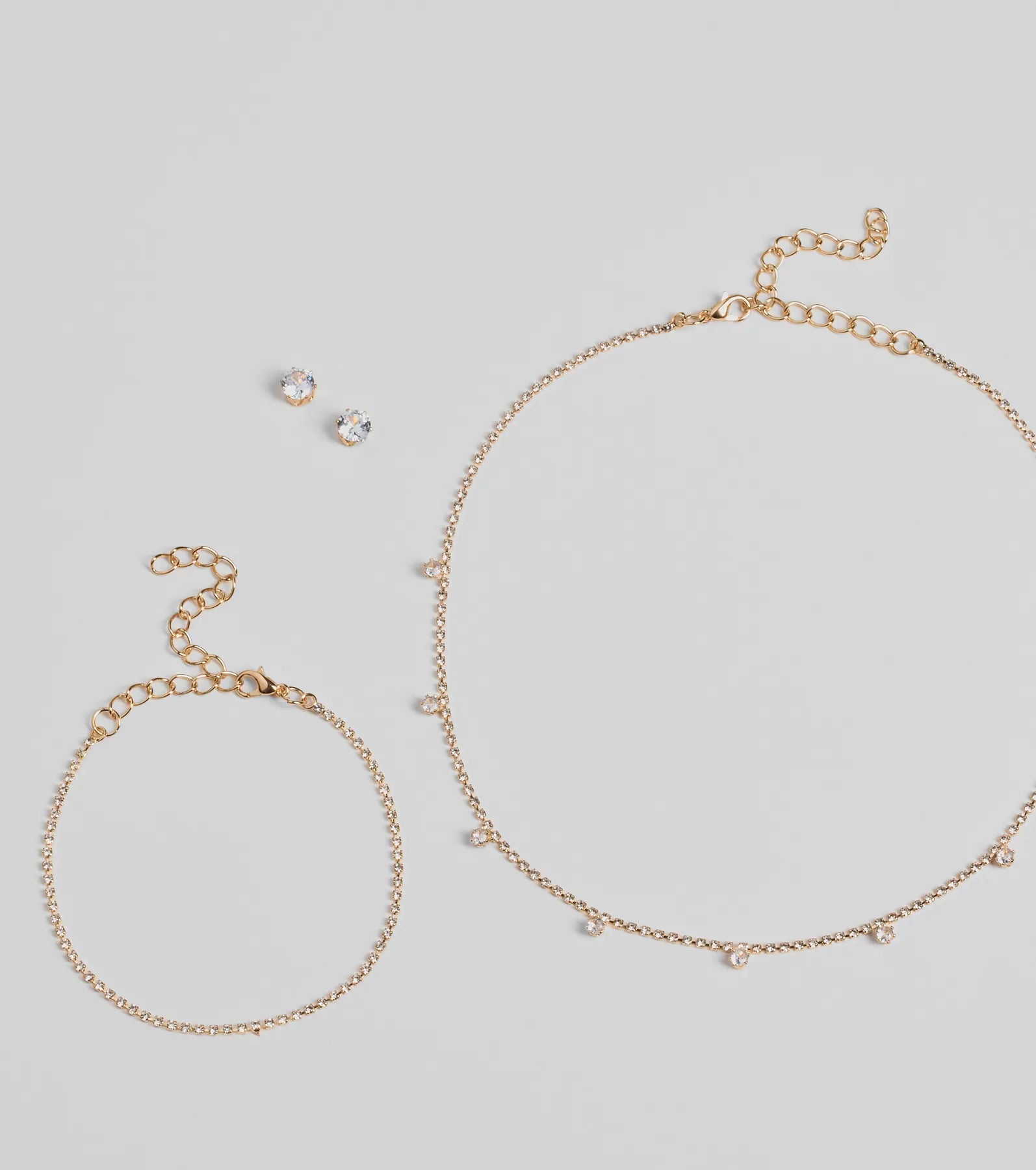 Delicate Glam Rhinestone Necklace, Bracelet, And Earrings Set