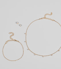Delicate Glam Rhinestone Necklace, Bracelet, And Earrings Set