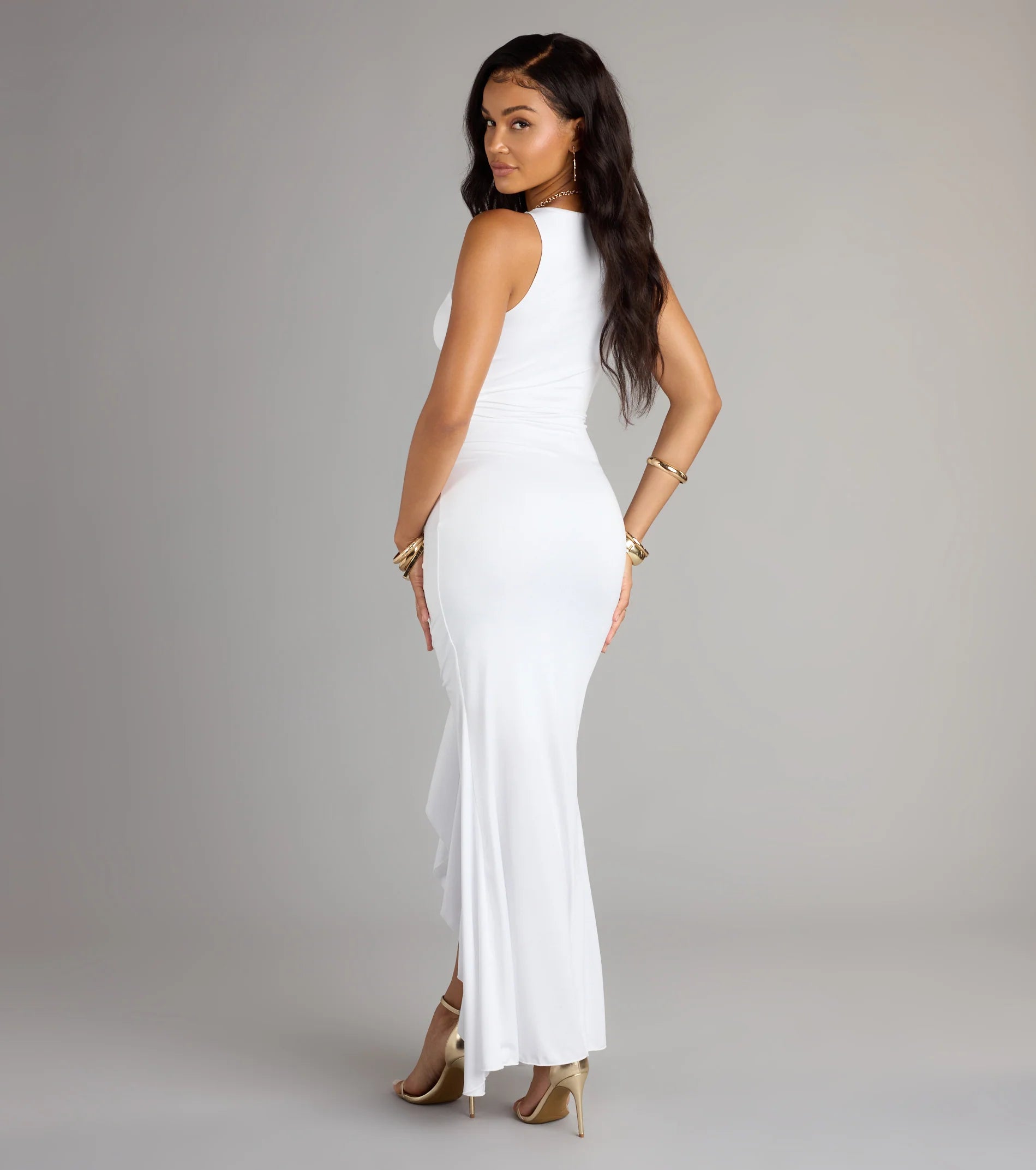 Showstopper Cutout Ruffle Slit Maxi Dress