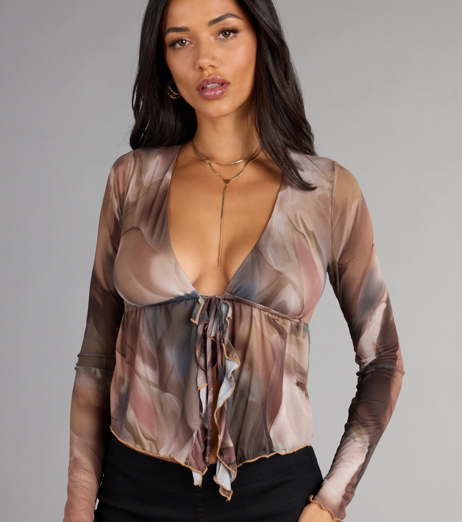 Sheer Sass Ruffle Tie Front Top
