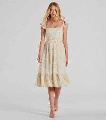 Delightfully Chic Ruffled Floral Chiffon Midi Dress