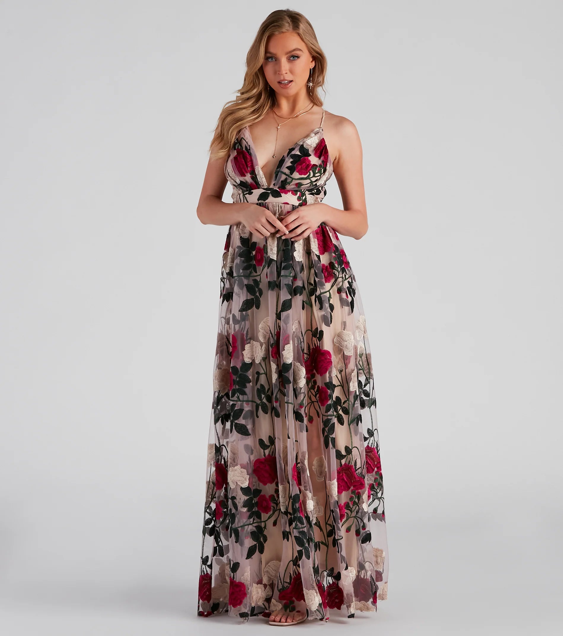 Charena Formal Embroidered Floral Tulle Dress
