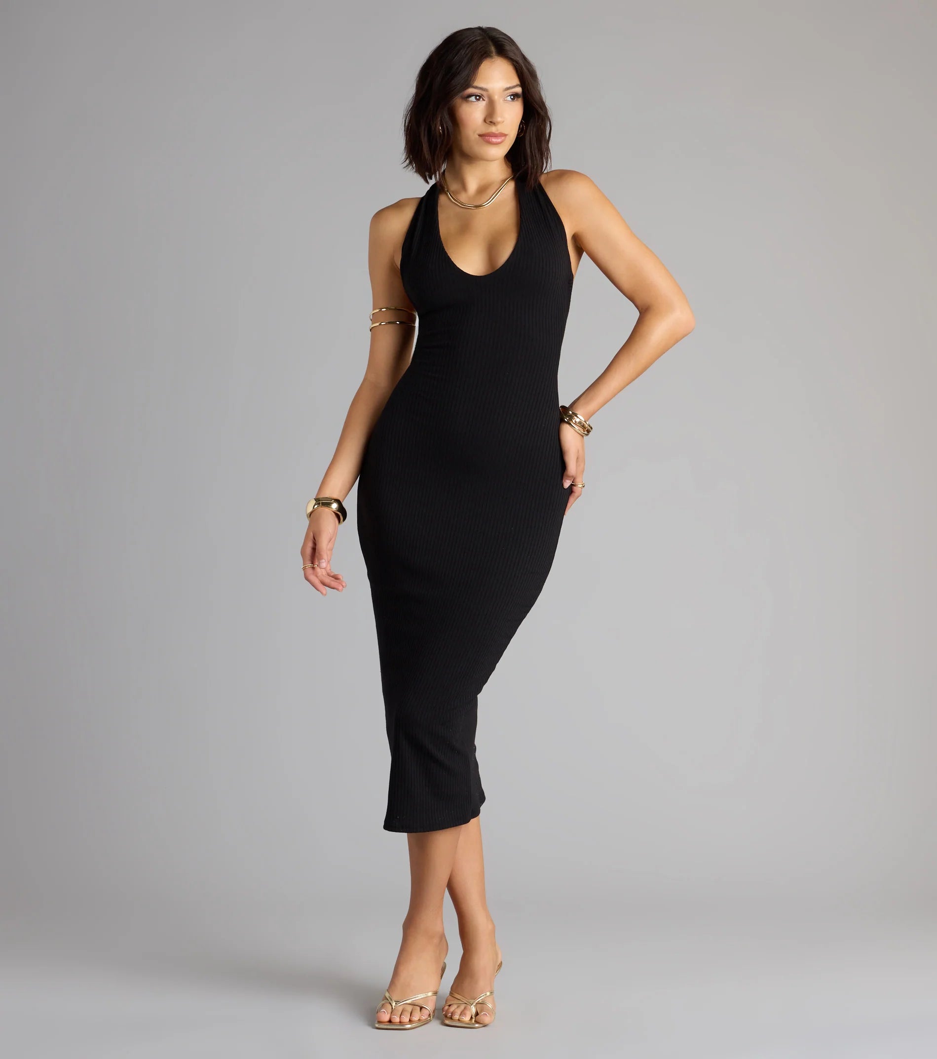 Chic Cutie Ribbed Knit Halter Midi Dress