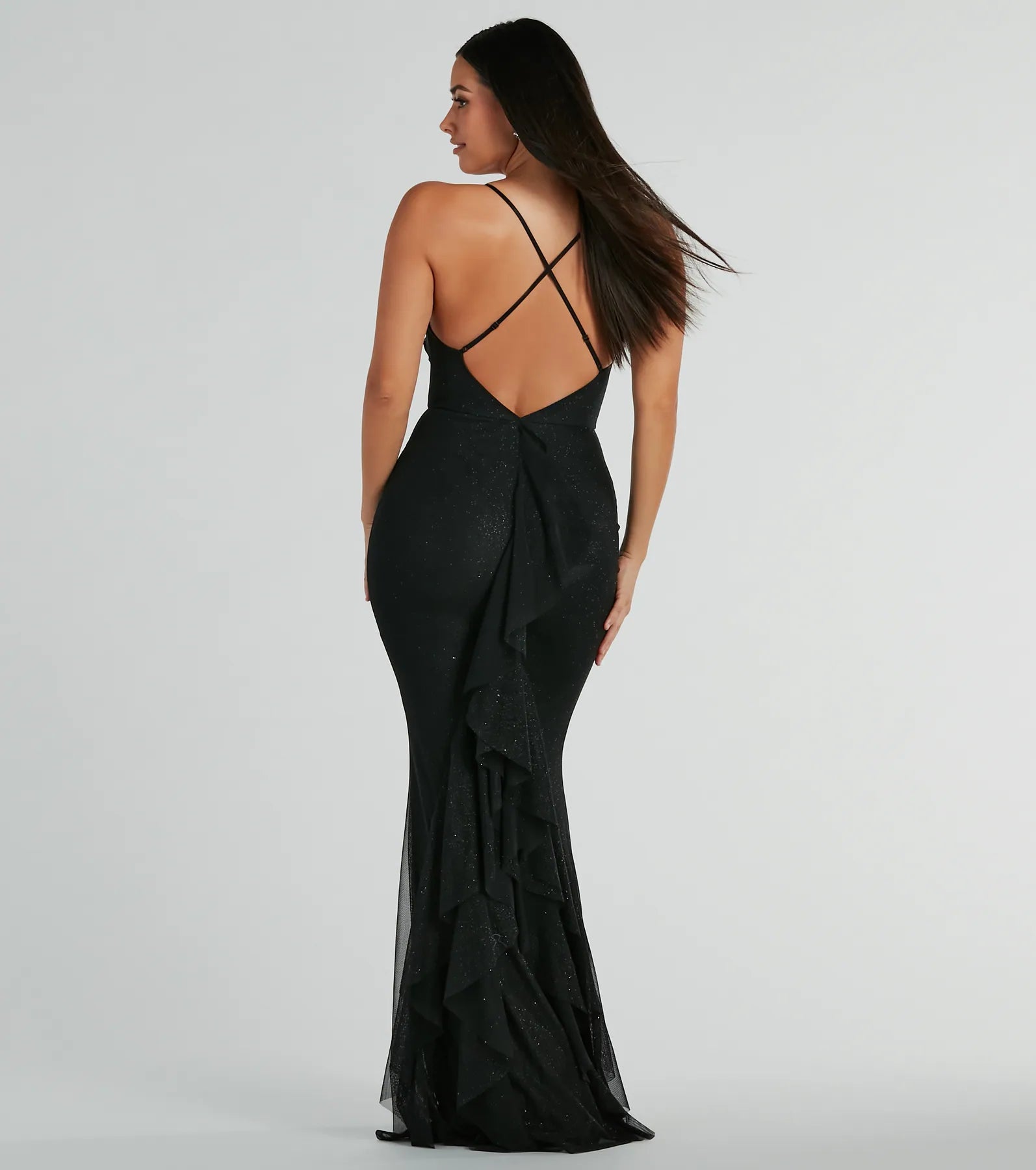Elowyn Ruffle-Back Glitter Mesh Mermaid Dress