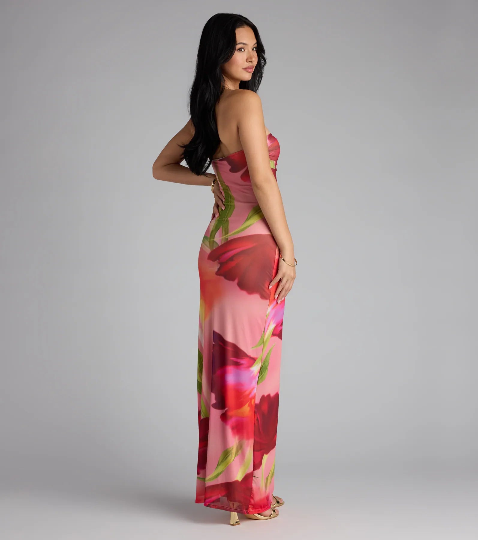 Feelin' Bold Floral Mesh Strapless Maxi Dress