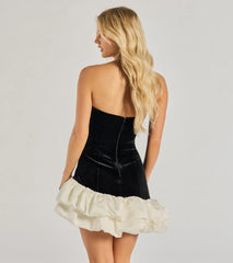 Addie Strapless Velvet Asymmetric Ruffled Mini Dress