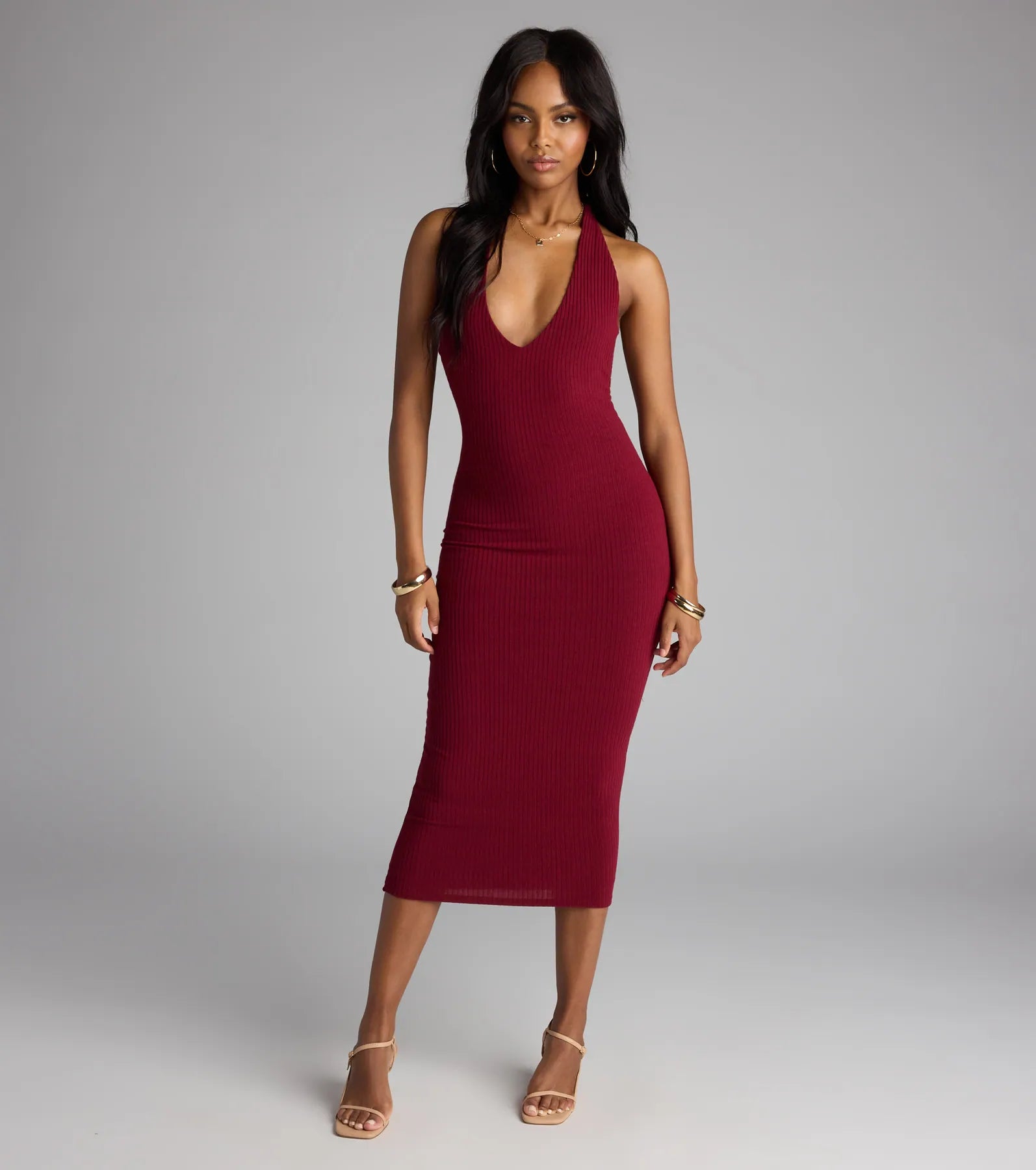 Chic Cutie Ribbed Knit Halter Midi Dress