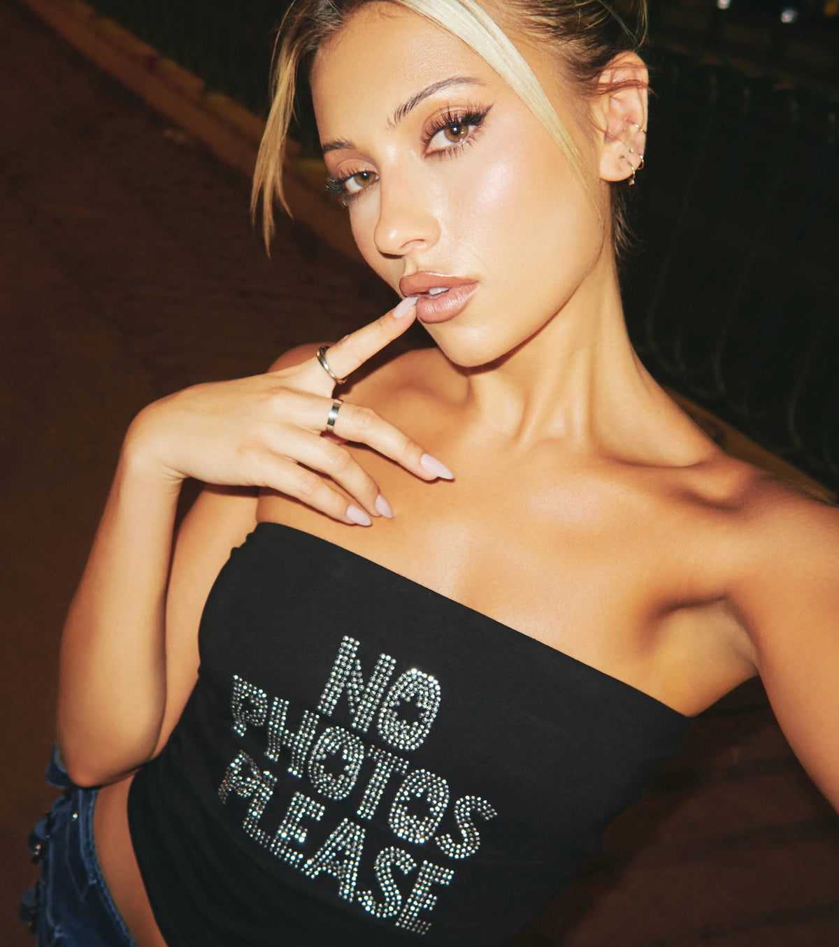 Rhinestone No Photos Please Tube Top