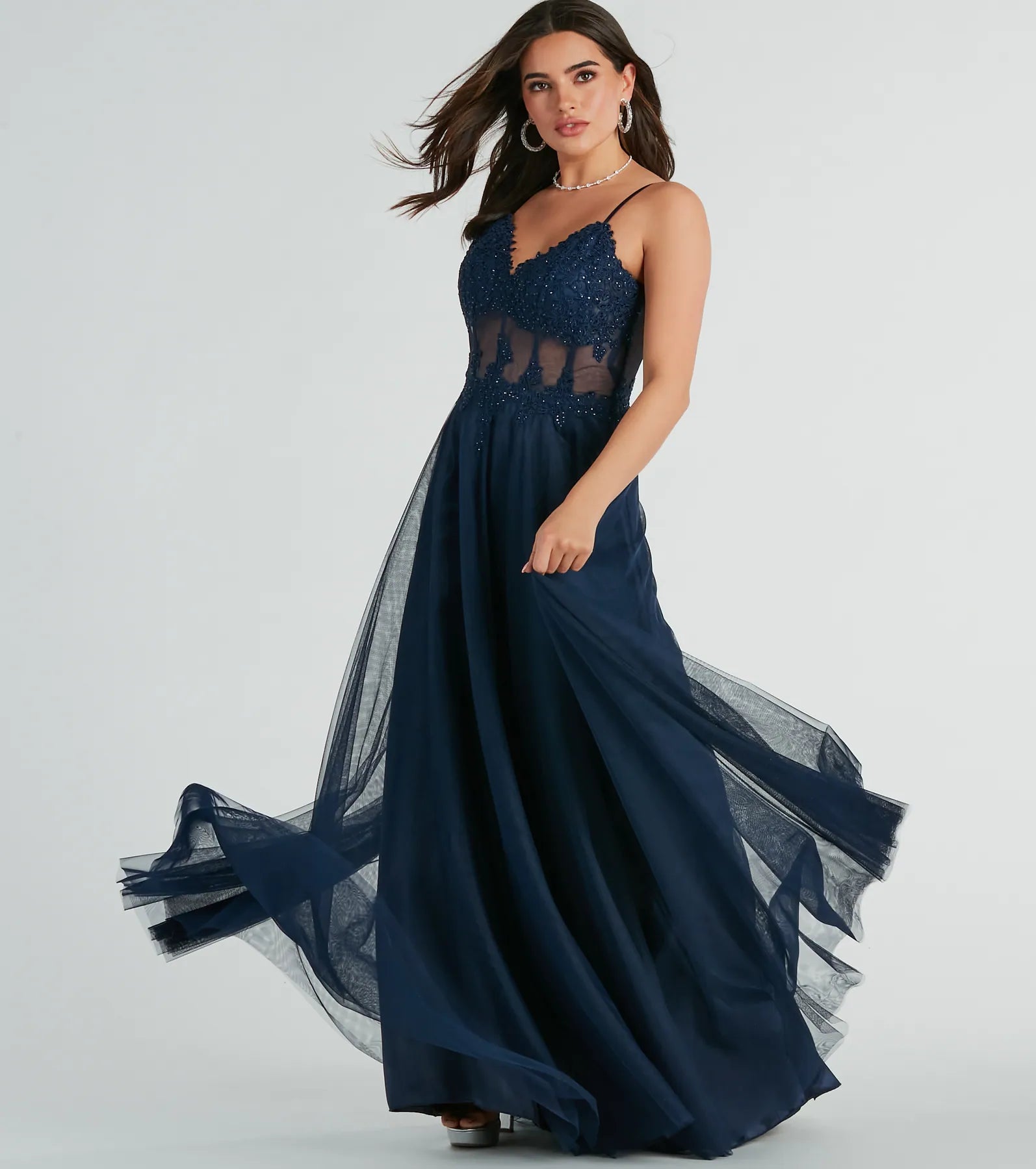 Jaci Rhinestone Embroidered Mesh Formal Dress