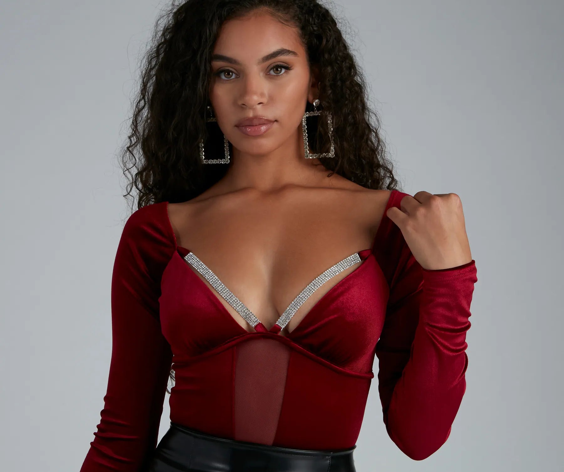 Holiday Shine Velvet Rhinestone Trim Bodysuit