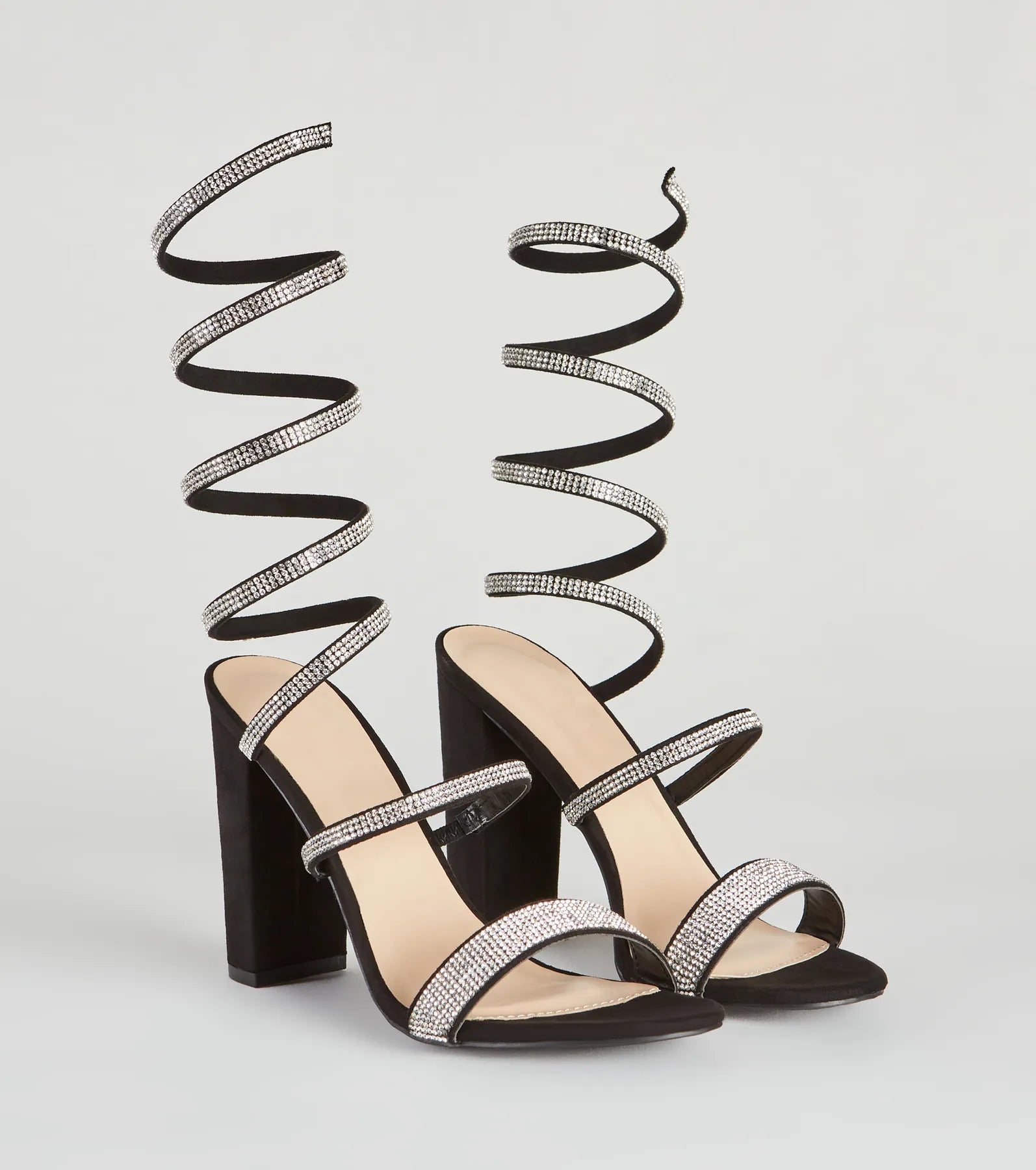Fancy Gal Rhinestone Spiral Block Heels