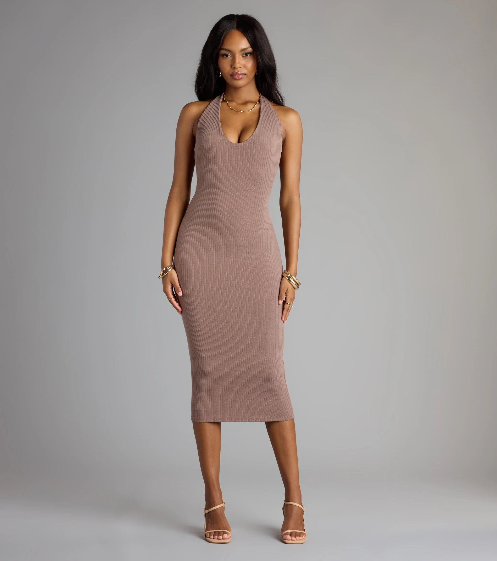 Chic Cutie Ribbed Knit Halter Midi Dress