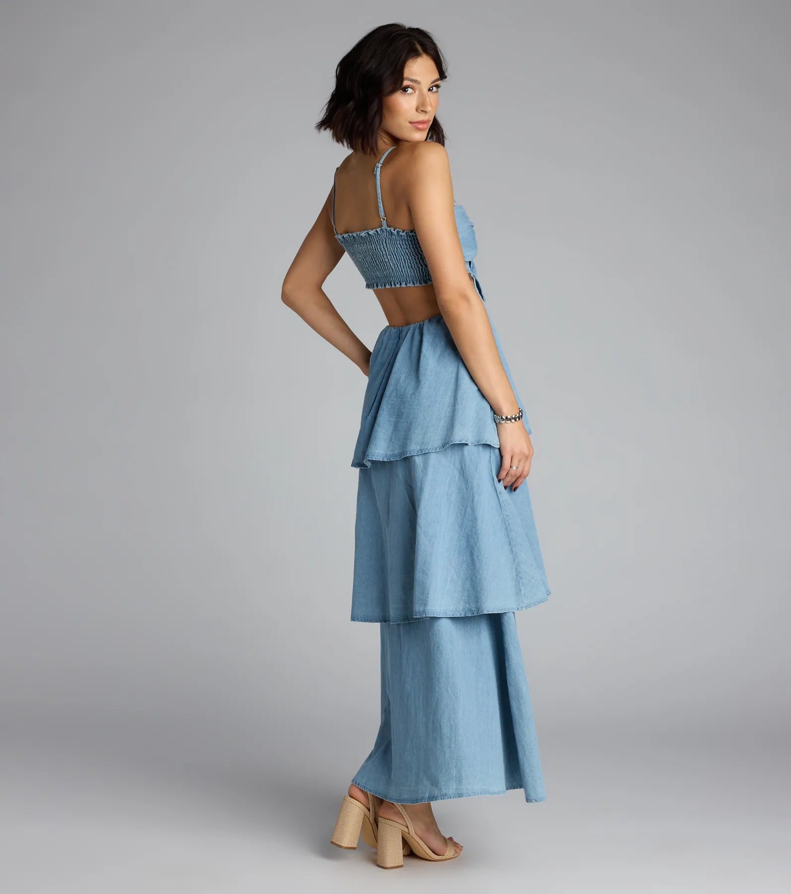 Ruffle Realness Denim Cutout Maxi Dress