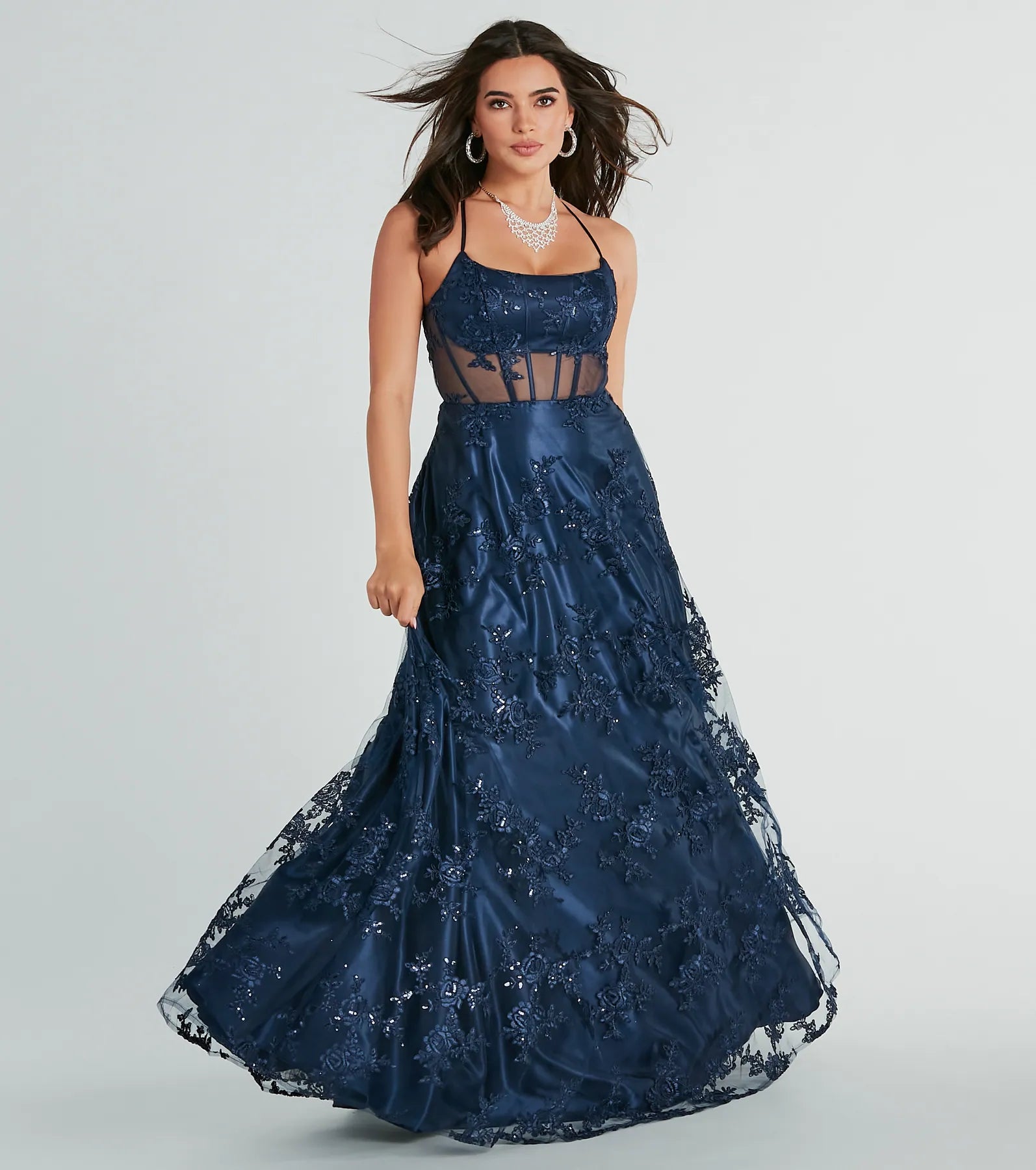 Monica Sequin Embroidered Lace Ball Gown
