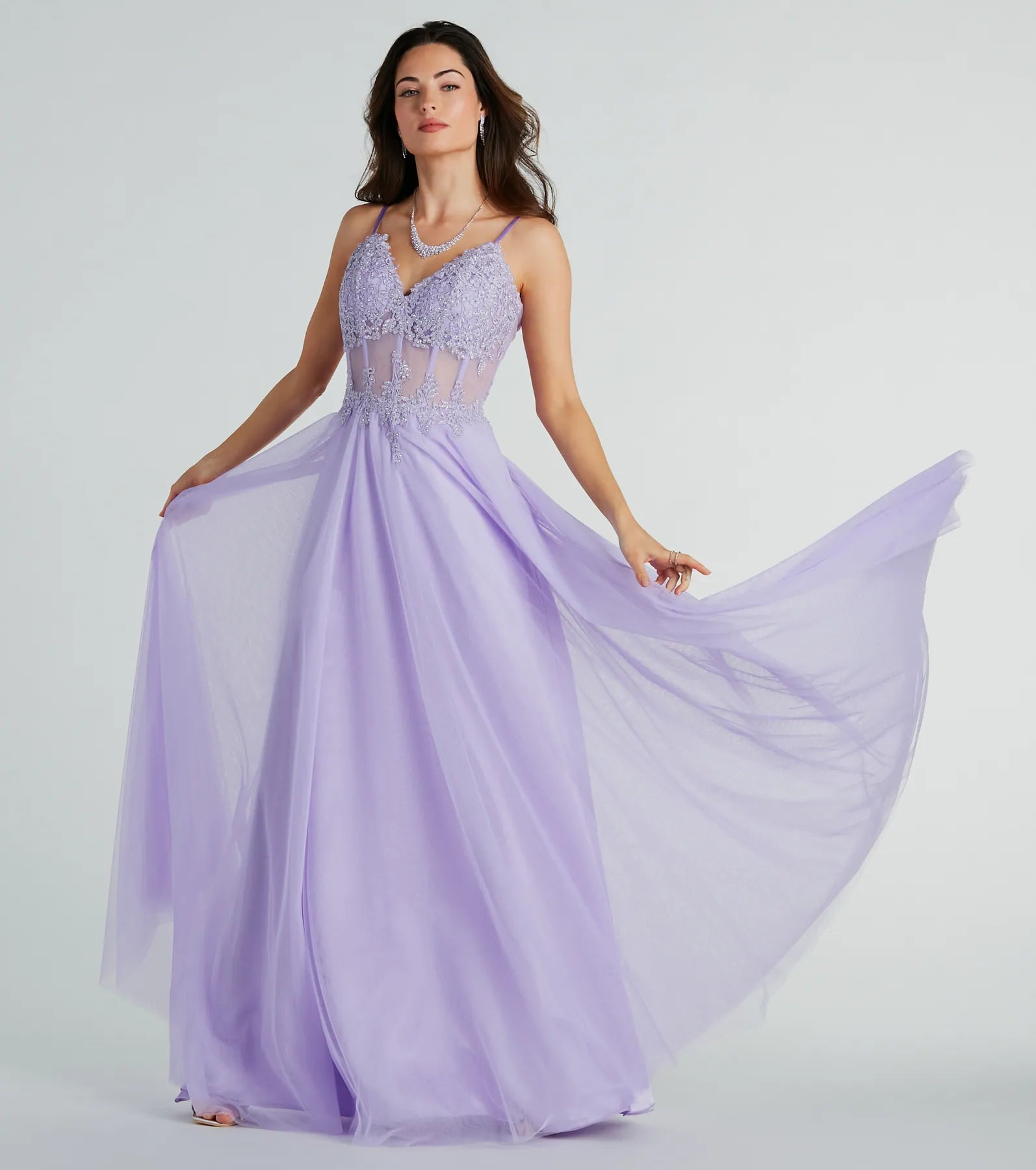 Jaci Rhinestone Embroidered Mesh Formal Dress